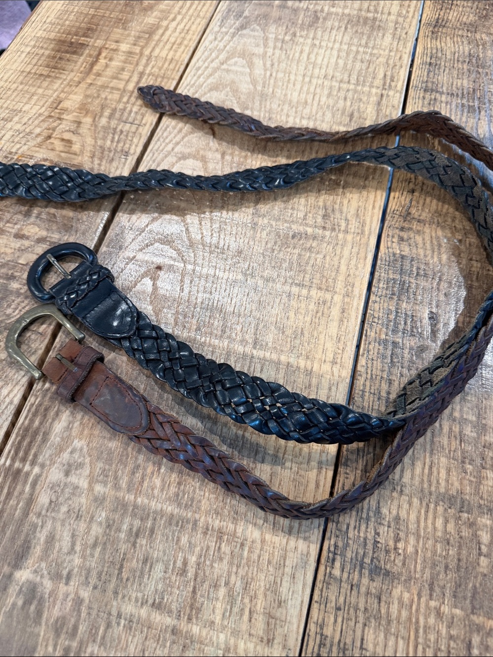 Pair of Braided Leather Belts - Black and Brown